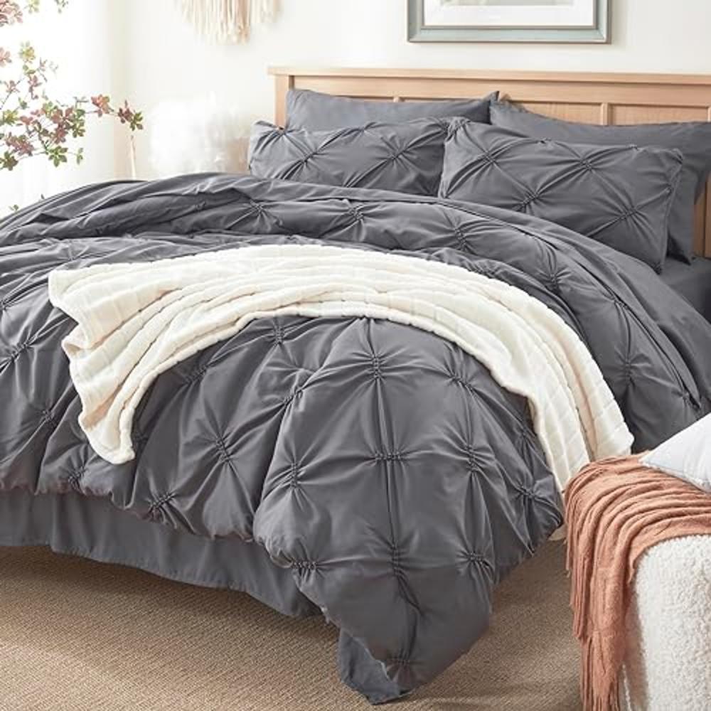 Anluoer Queen Comforter Set 7 Piece, Pintuck Dark Grey Bed in a Bag with Sheets, Pinch Pleat Complete Bedding Sets with 1 Comfor