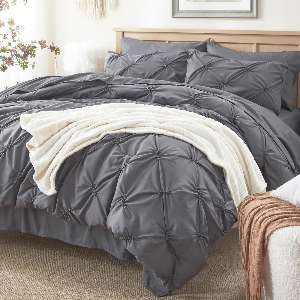 Anluoer Queen Comforter Set 7 Piece, Pintuck Dark Grey Bed in a Bag with Sheets, Pinch Pleat Complete Bedding Sets with 1 Comfor