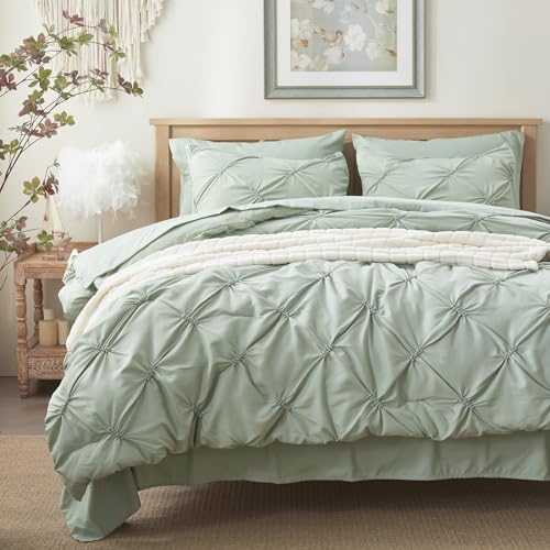 Anluoer King Comforter Set 7 Piece, Pintuck Sage Green Bed in a Bag with Sheets, Pinch Pleat Complete Bedding Sets with 1 Comfor