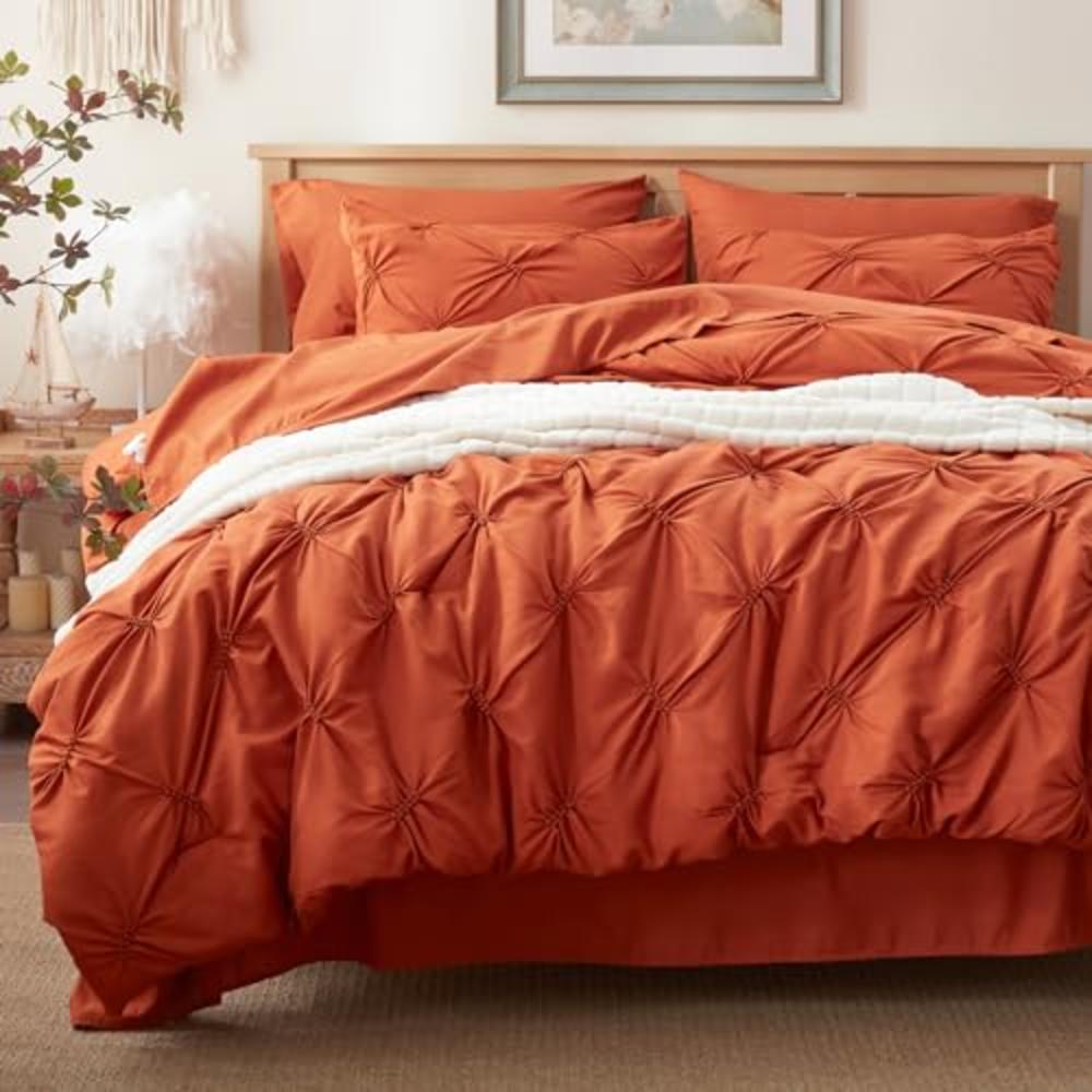 Anluoer Twin Comforter Set 5 Piece, Pintuck Burnt Orange Bed in a Bag with Sheets, Terracotta Complete Bedding Sets with 1 Comfo