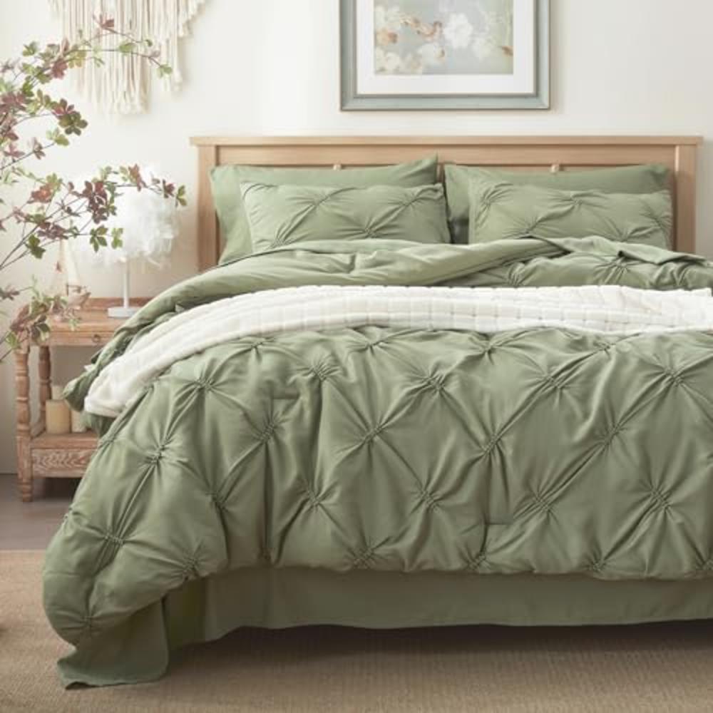Anluoer Twin Comforter Set 5 Piece, Pintuck Olive Green Bed in a Bag with Sheets, Pinch Pleat Complete Bedding Sets with 1 Comfo