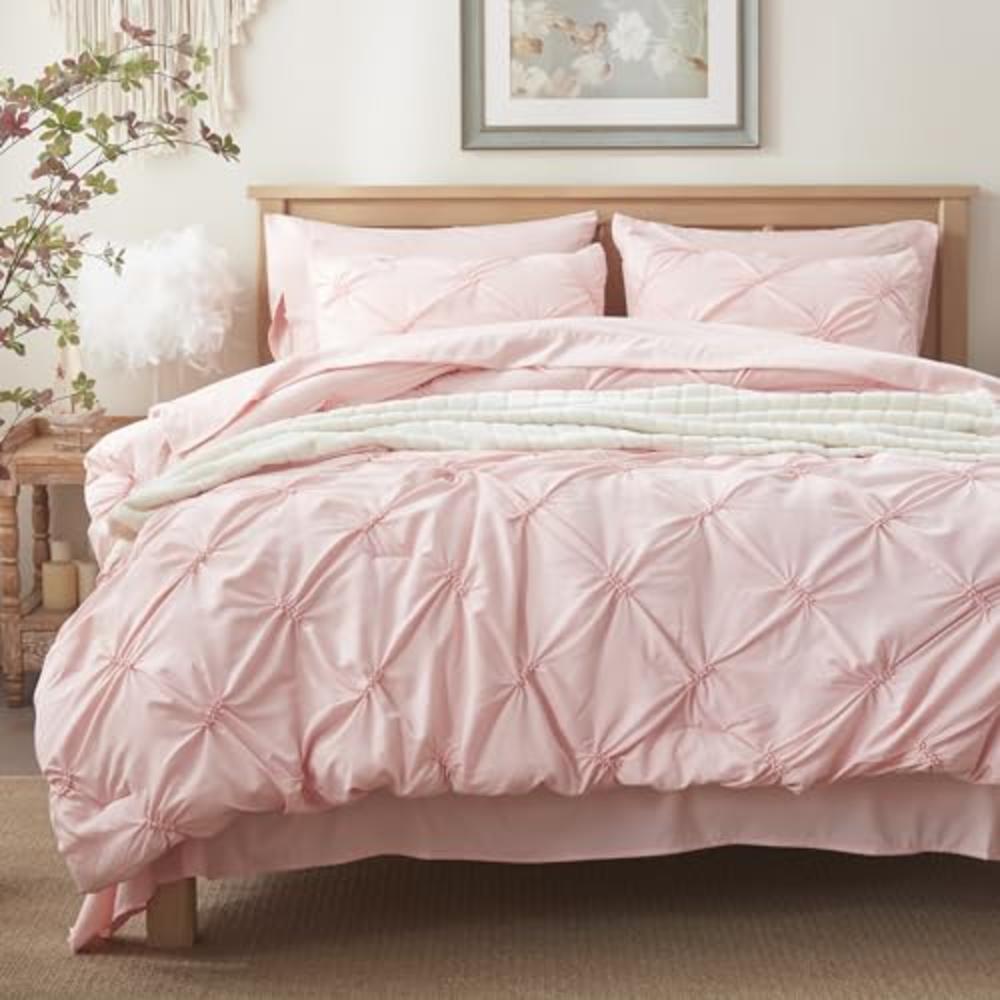 Anluoer Twin Comforter Set 5 Piece, Pintuck Pink Bed in a Bag with Sheets, Pinch Pleat Complete Bedding Sets with 1 Comforter, 1