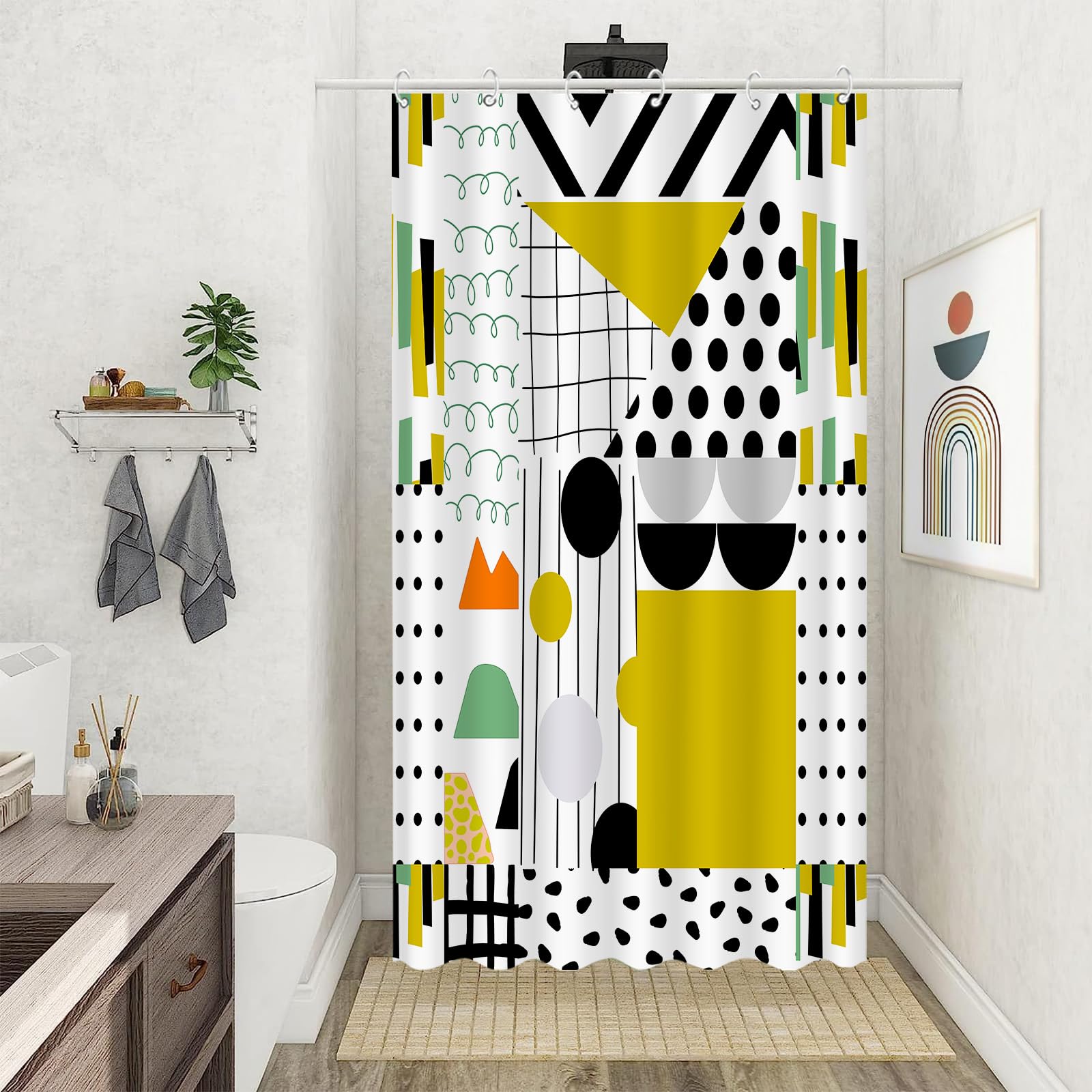 Zussun Stall Bright Geometric Shower Curtain Mid Century Modern Shower Curtains for Bathroom Abstract Art Yellow Black White Wat