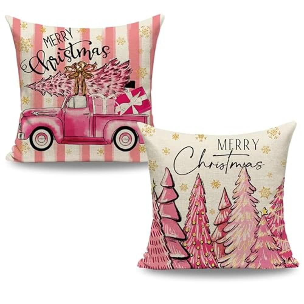 CARRIE HOME Pink Christmas Decorations Pink Christmas Tree Pillow Covers 20x20 Set of 2 Merry Christmas Throw Pillows for Living