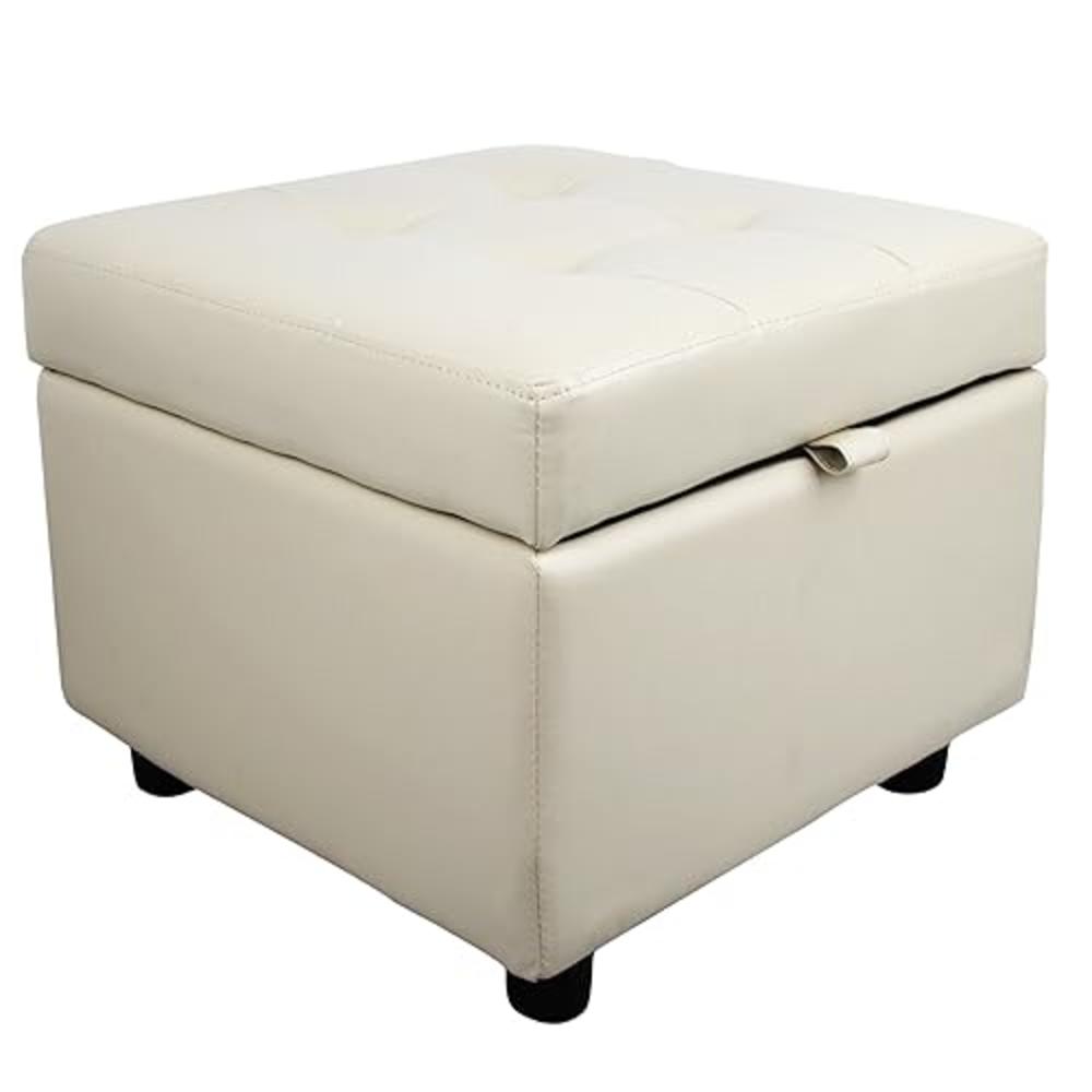 H&B Luxuries Tufted Leather Square Flip Top Storage Ottoman Cube Foot Rest (Cream with Storage)