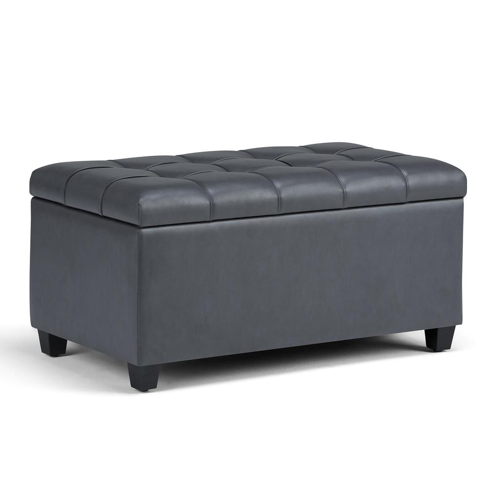SIMPLIHOME Sienna 33 Inch Wide Transitional Rectangle Storage Ottoman Bench in Stone Grey Vegan Faux Leather, For the Living Roo