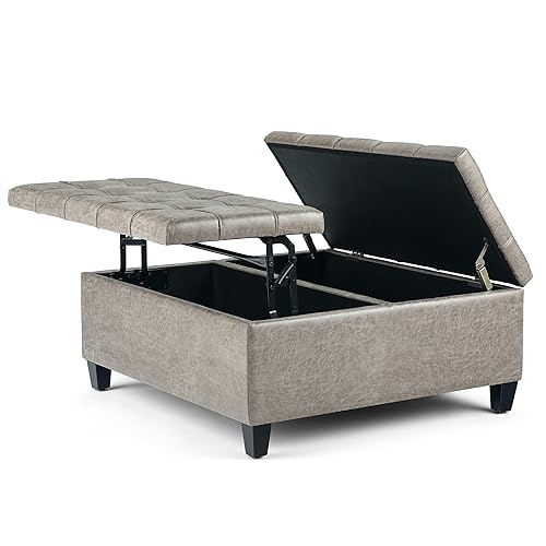 SIMPLIHOME Harrison 36 inch Wide Square Coffee Table Lift Top Storage Ottoman in Upholstered Distressed Grey Taupe Tufted Faux L