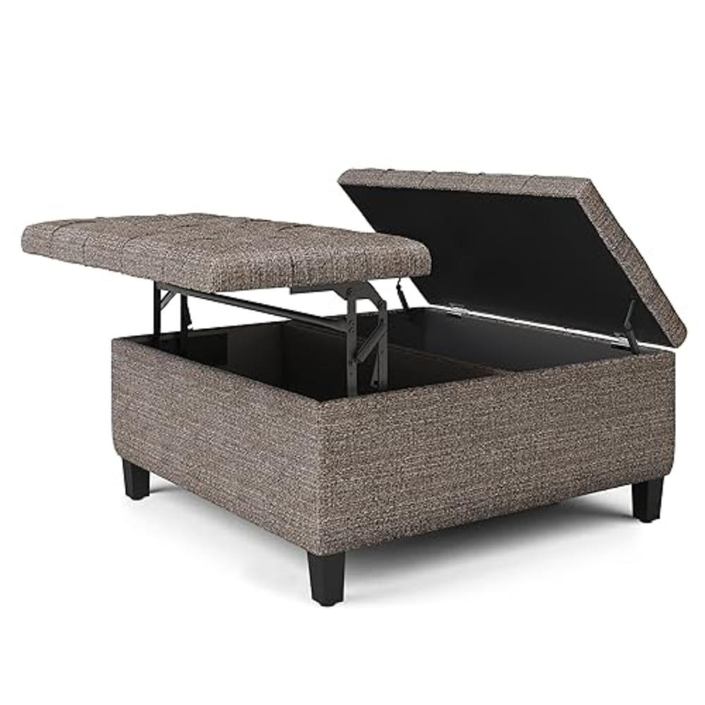 SIMPLIHOME Harrison 36 Inch Wide Transitional Square Coffee Table Storage Ottoman in Mink Brown Tweed Look Fabric, For the Livin