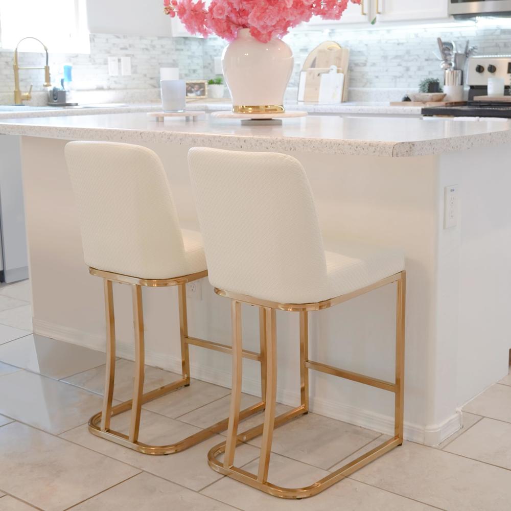 MAISON ARTS Off White & Gold Counter Height Bar Stools with Backs Set of 2 for Kitchen Counter 24 Inch Modern Barstools Upholste