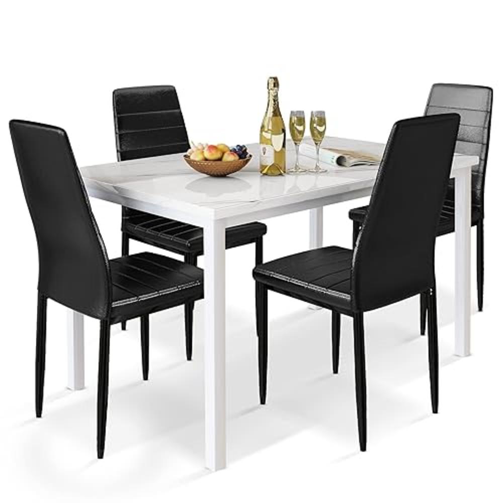 AWQM 5 Pieces Dining Table Set for 4,Kitchen Table and Chairs for 4 with Faux Marble Top and 4 Leather Upholstered Chairs,Dining