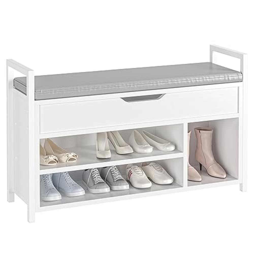 IRONCK Shoe Storage Bench, Entryway Bench with Lift Top Storage Box, Metal and Board Bench for Entryway, 2-Tier Shoe Rack Organi
