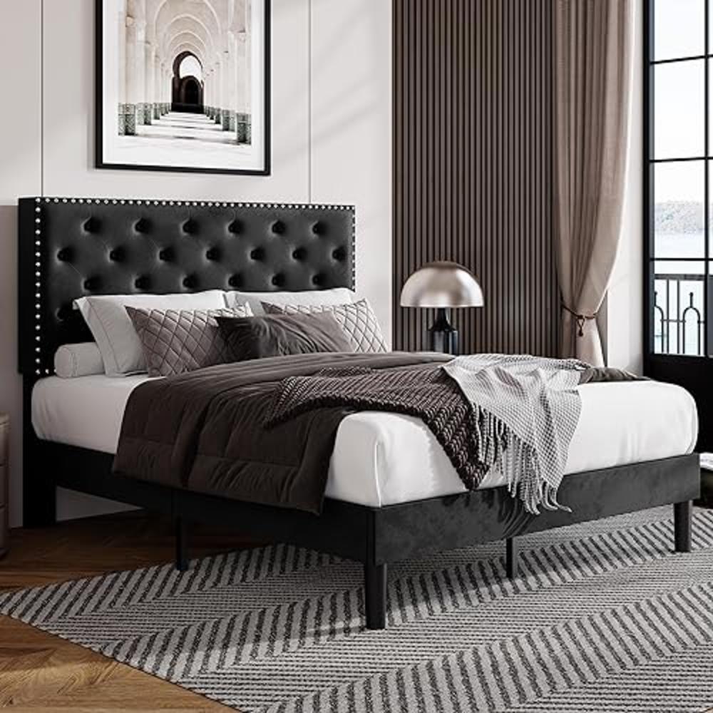 Allewie Queen Size Bed Frame, Velvet Upholstered Platform Bed with Adjustable Diamond Button Tufted & Nailhead Trim Headboard, W