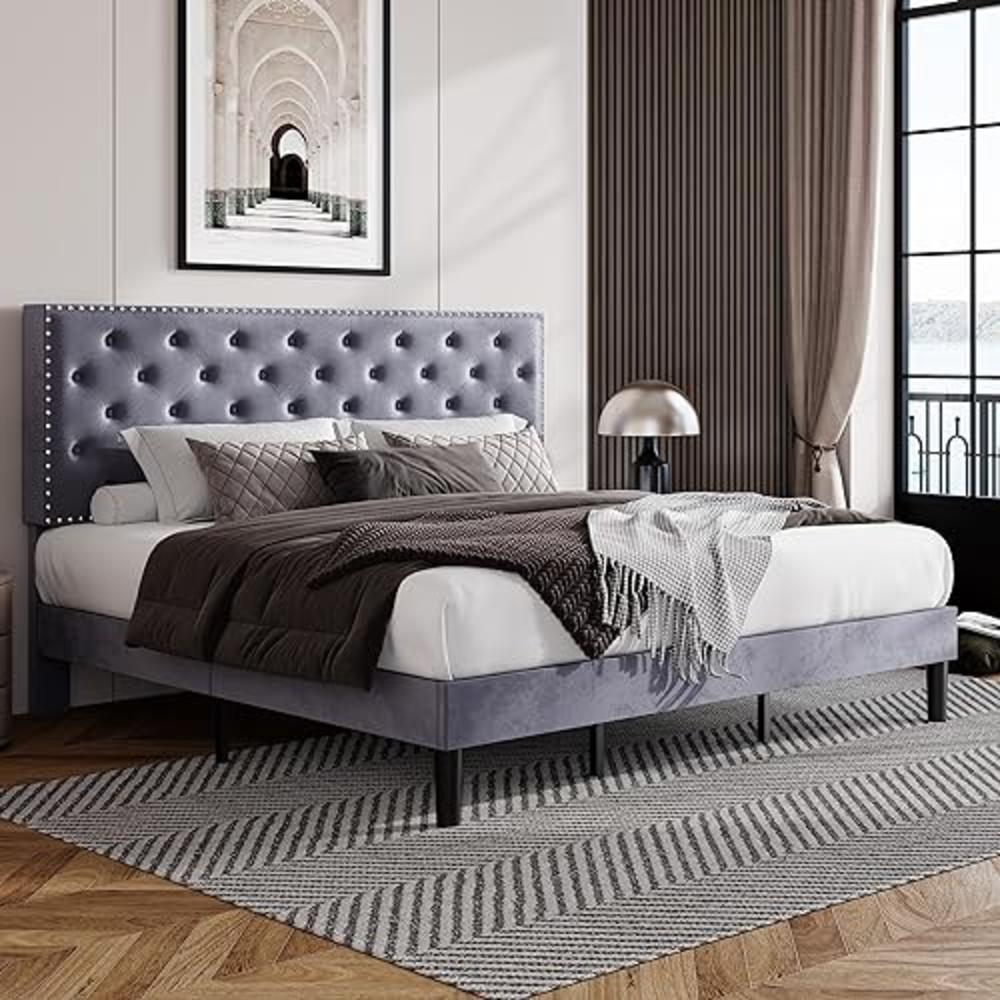 Allewie King Bed Frame, Velvet Upholstered Platform Bed with Adjustable Diamond Button Tufted & Nailhead Trim Headboard, Wood Sl