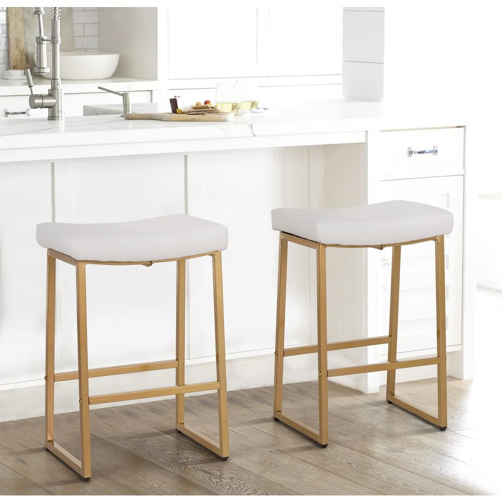 MAISON ARTS White & Gold Bar Stools Set of 2 for Kitchen Counter Backless Counter Height 24 Inches Saddle Stools Modern Gold Bar