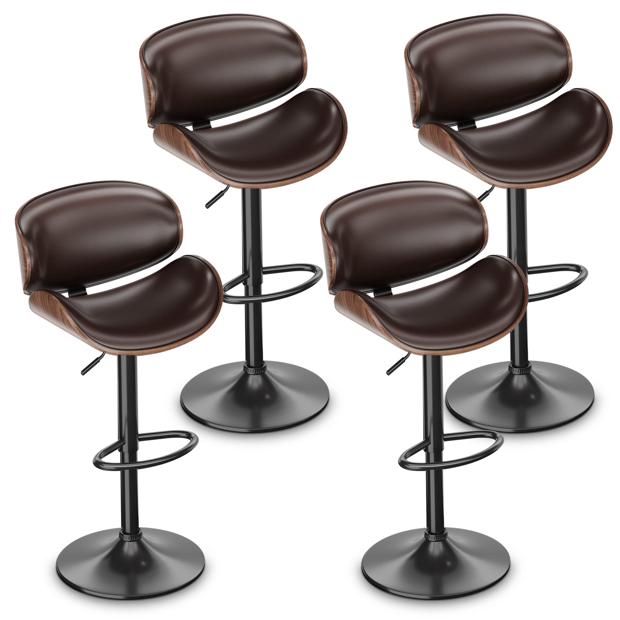 Aowos Adjustable Swivel Bar Stools Set of 4, Mid-Century Modern PU Leather Upholstered Counter Height Bar Stool, Kitchen Island 