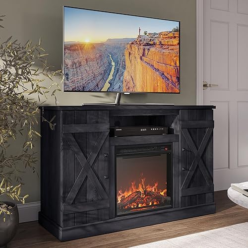 BELLEZE 47" TV Stand with 18" Electric Fireplace, Barn Door TV Stand for TVs up to 50", Modern Farmhouse Media Console with Stor