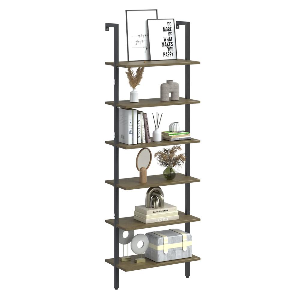 Wolawu Ladder Shelf Black 6 Tiers Modern Bookshelf Room Organizer Open Tall Wall Mount Bookcase Standing Leaning Wall Shelves In