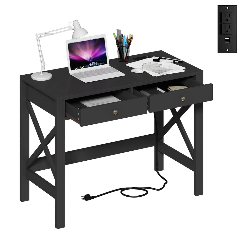 ChooChoo Computer Desk with USB Charging Ports and Power Outlets, 39" Black Desk with Drawers, Small Study Writing Table with St