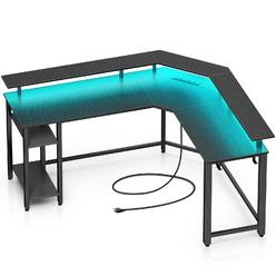 Rolanstar L Shaped Gaming Desk with LED Lights & Power Outlets, 55.1" Computer Desk with Full Monitor Stand & Storage Shelf, Cor