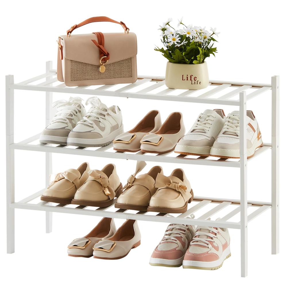 quiseolu White Shoe Rack for Closet, 3 Tier Stackable Bamboo Shoe Shelf