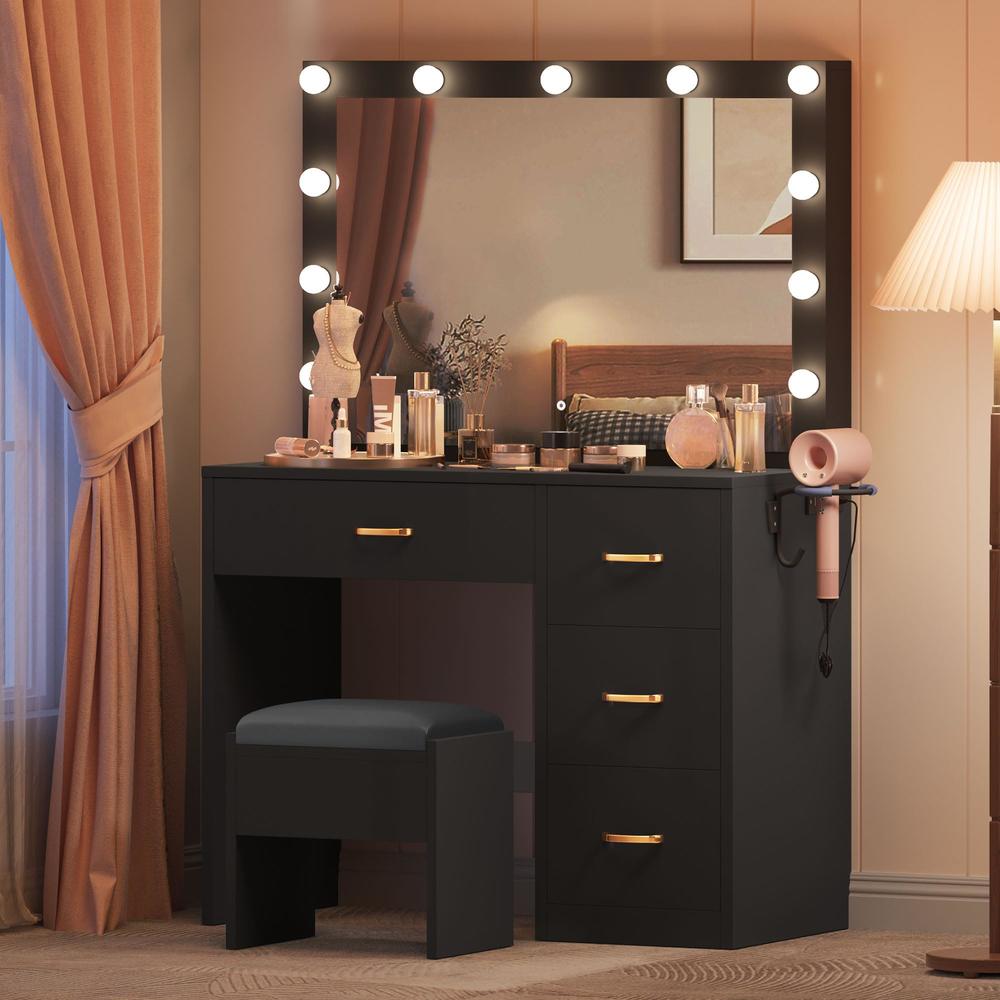 DWVO Makeup Vanity Table, Vanity Desk Set with Large Mirror, LED Lights with Adjustable Brightness, Bedroom Vanity Table with 4 