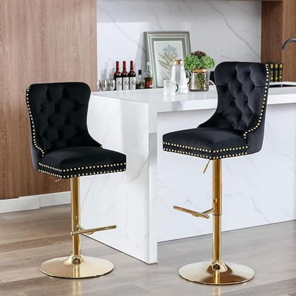 i-POOK Swivel Bar Stools Set of 2, Adjustable Counter Height Barstools with Thickened Cushion, Pull Ring and Nailheads Trim, Vel