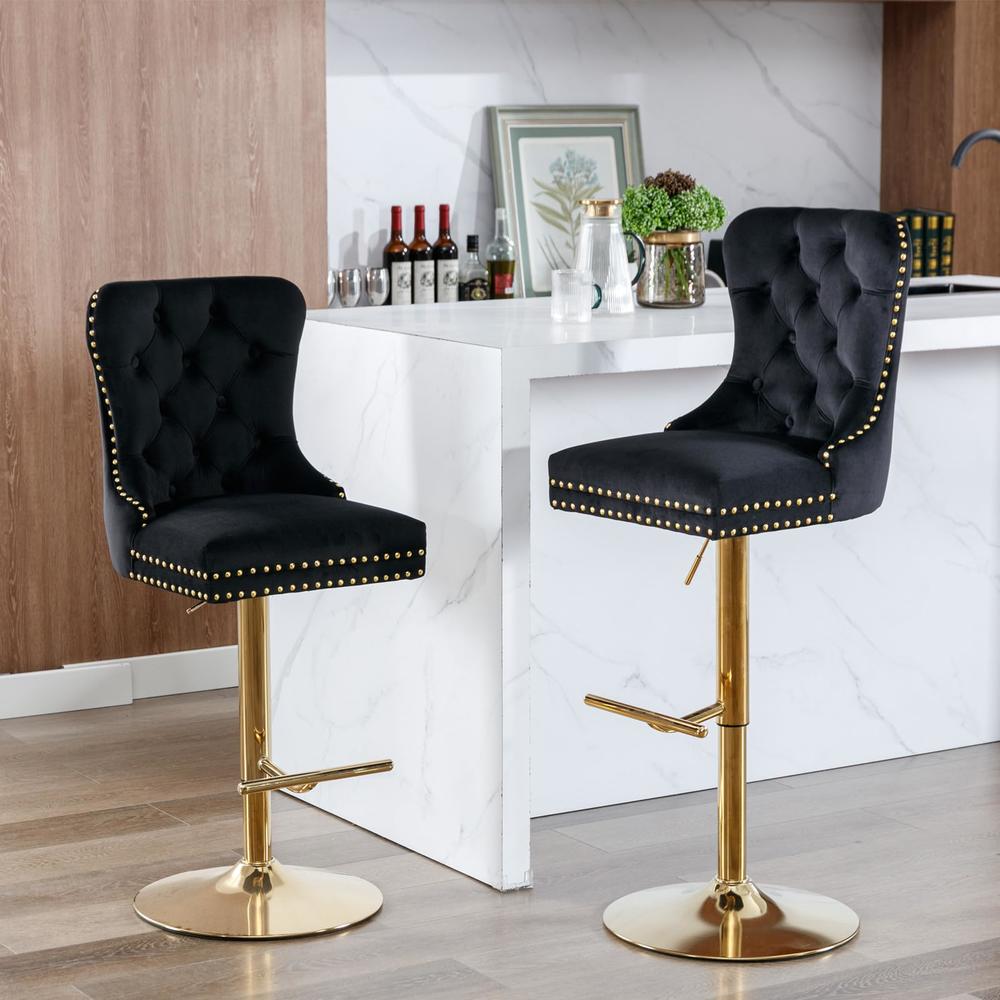 i-POOK Swivel Bar Stools Set of 2, Adjustable Counter Height Barstools with Thickened Cushion, Pull Ring and Nailheads Trim, Vel