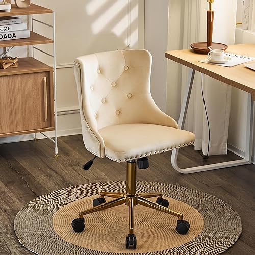 VINGLI Beige Velvet Armless Home Office Desk Chair with Gold Base/Wheels, Small Cute Vanity/Makeup Chair with Back for Bedroom, 