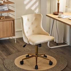 VINGLI Beige Velvet Armless Home Office Desk Chair with Gold Base/Wheels, Small Cute Vanity/Makeup Chair with Back for Bedroom, 