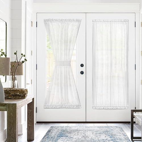 jinchan Linen French Door Curtain with Open Weave White Semi-Sheer Door Curtain 72 Inches Long Drape Rod Pocket 1 Panel Curtain 