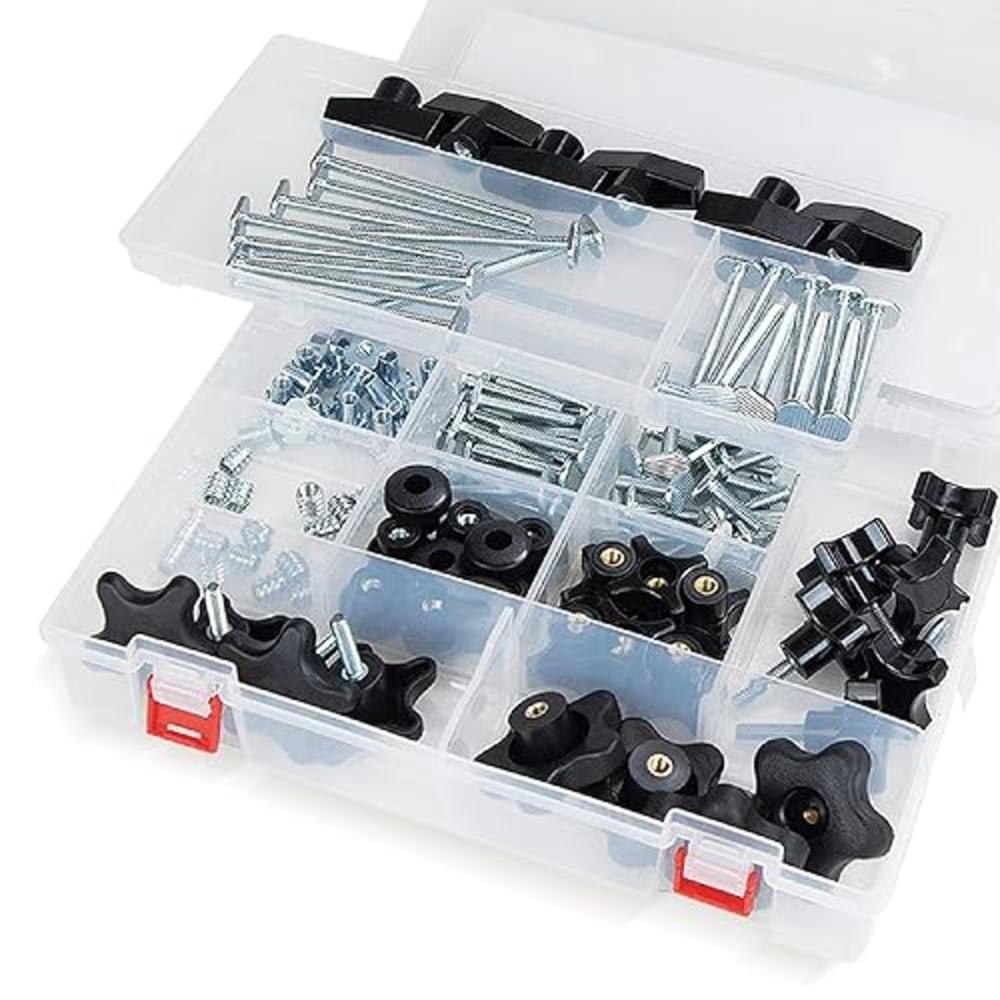 POWERTEC 71128 128 Piece Set T-Track Knob Kit, 5/16"-18 Threaded Bolts and Washers, T Track Bolts, T Track Accessories for Woodw