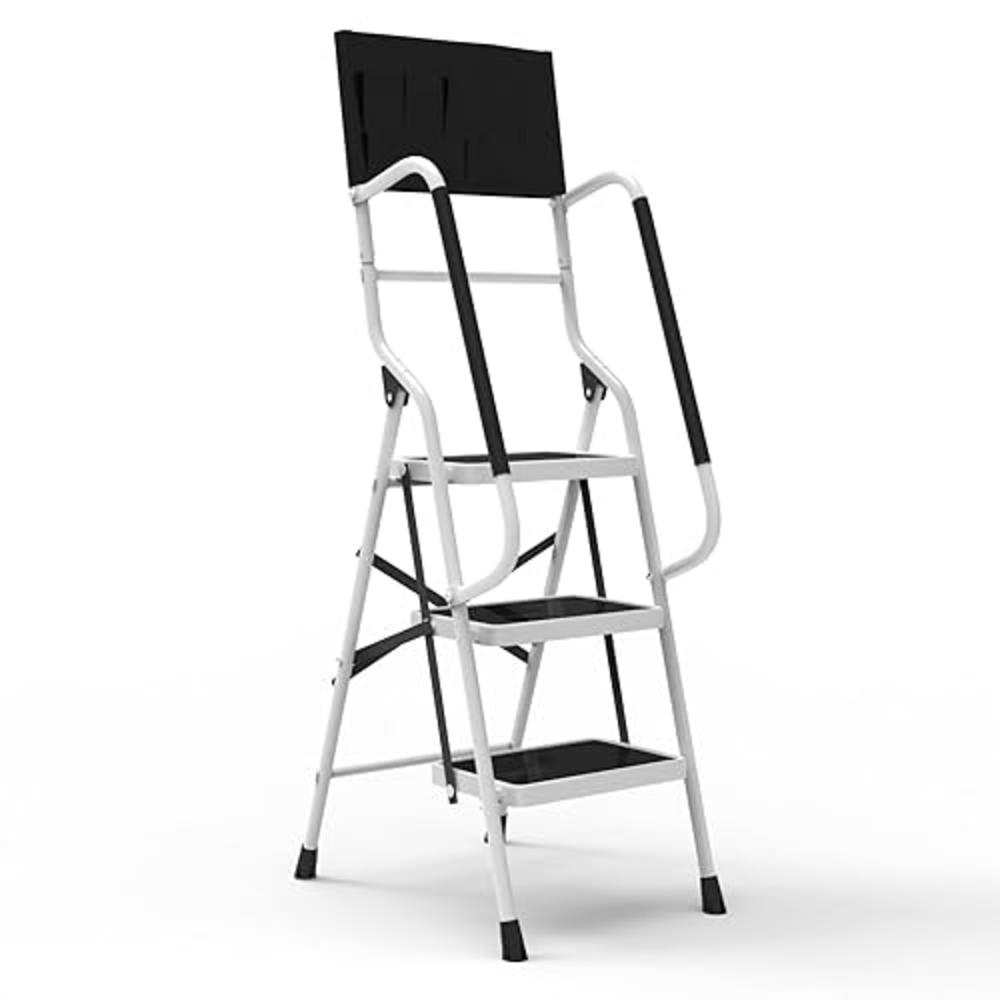 Usinso 3 Step Ladder Tool Ladder Folding Portable Steel Frame MAX 500 lbs Non-Slip Side armrests Large Area Pedals Detachable To