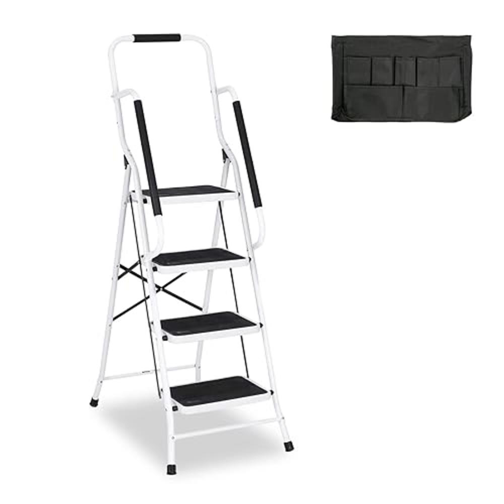 Usinso 4 Step Ladder Tool Ladder Folding Portable Steel Frame MAX 500 lbs Non-Slip Side armrests Large Area Pedals Detachable To