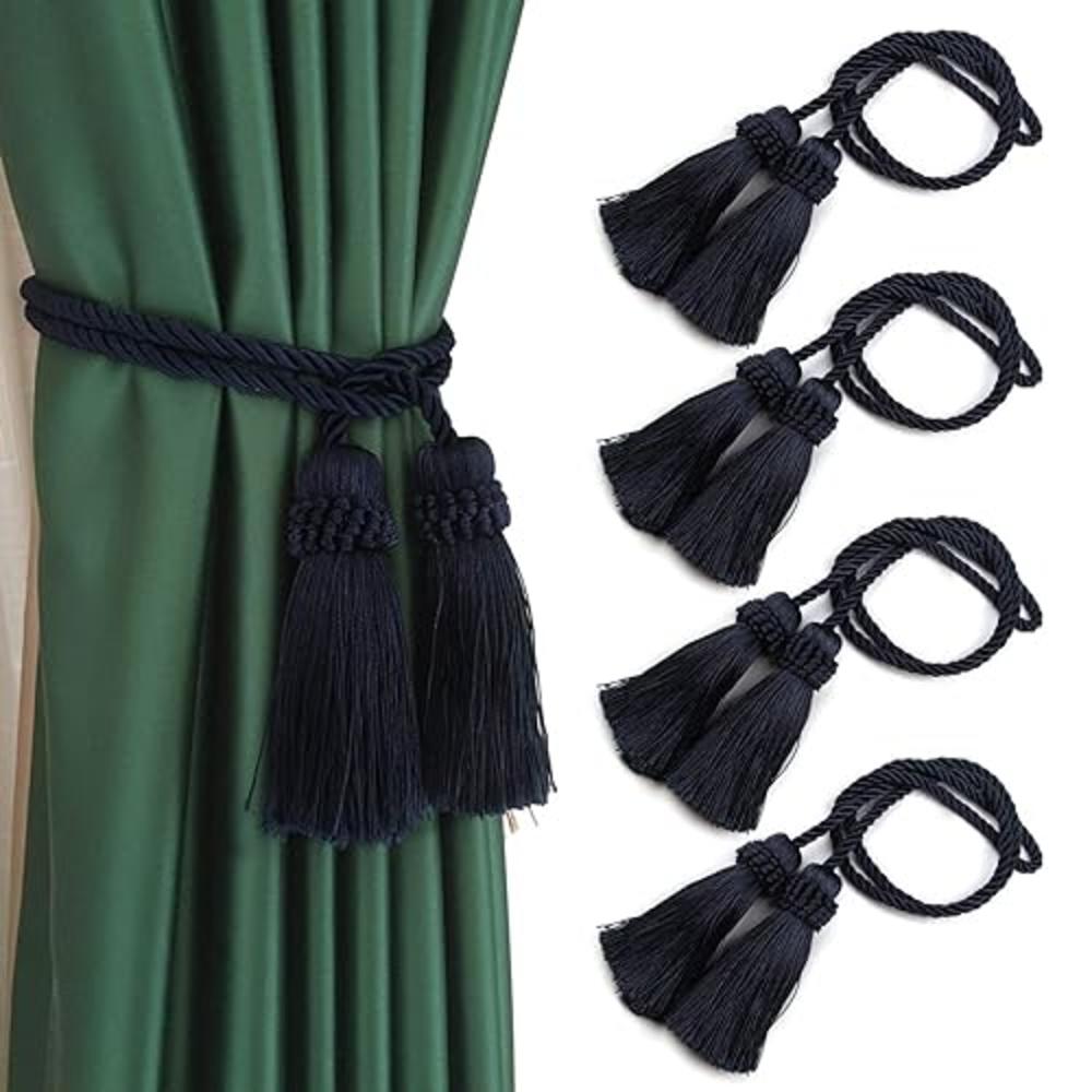 Fenghuangwu 4 Pack Curtain Tiebacks Handmade Decorative Curtain Holdbacks Rope with Tassel- Navy