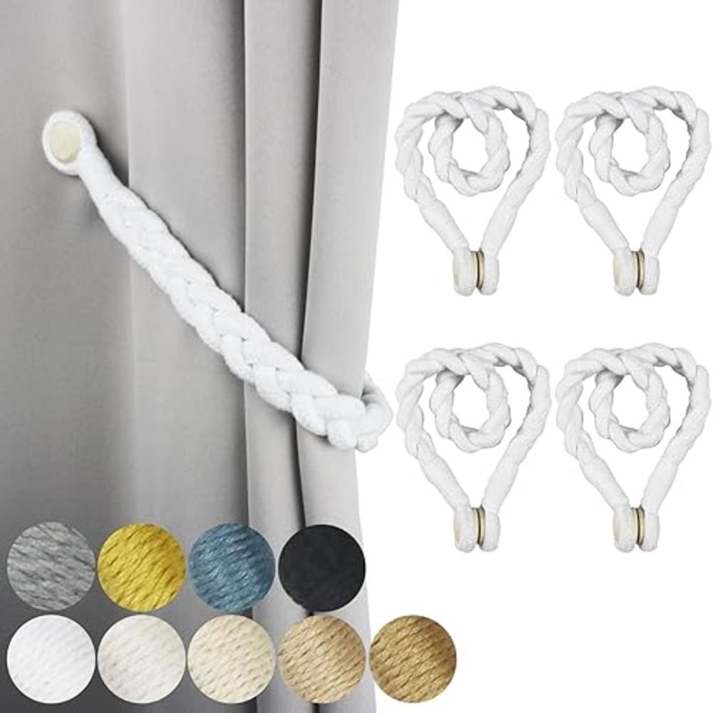 Porlau 4 Pack White Magnetic Soft Curtain Tiebacks Cotton Hand-Woven Tieback Holdback Home Decorative Tie Backs with Durable Woo
