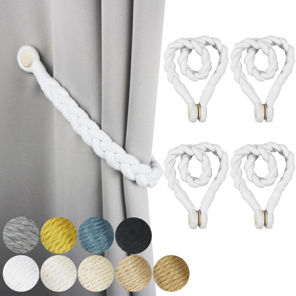 Porlau 4 Pack White Magnetic Soft Curtain Tiebacks Cotton Hand-Woven Tieback Holdback Home Decorative Tie Backs with Durable Woo