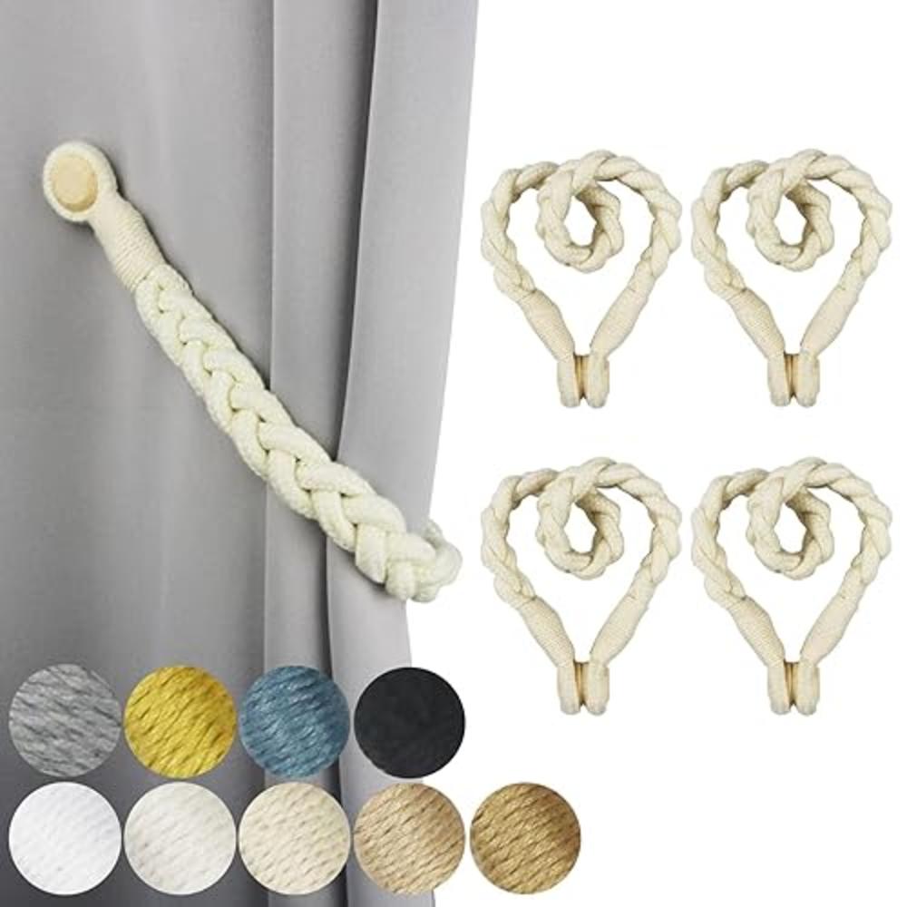 Porlau 4 Pack Beige Magnetic Soft Curtain Tiebacks Cotton Hand-Woven Tieback Holdback Home Decorative Tie Backs with Durable Woo