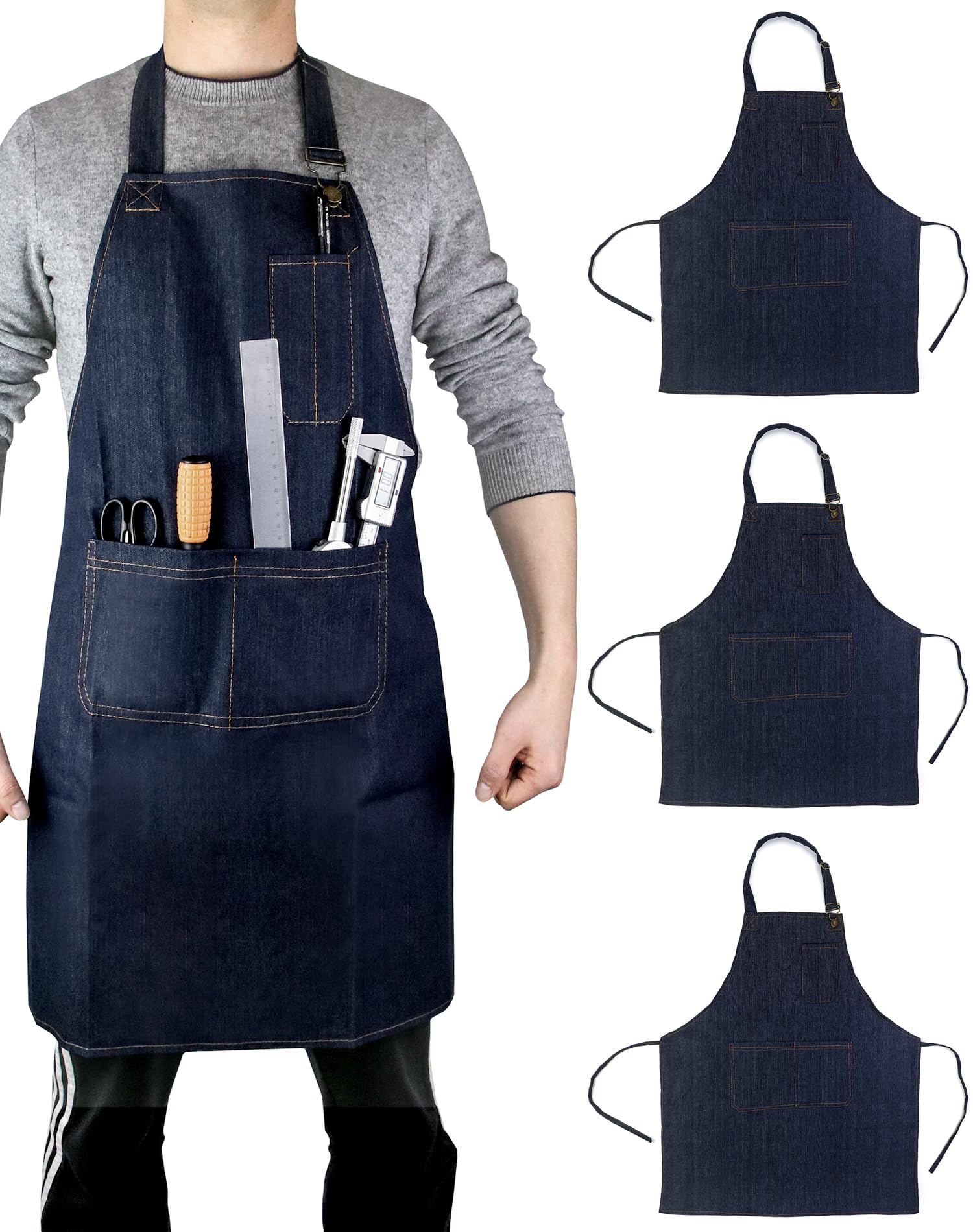 QWORK Lightweight Denim Work Apron With Pockets, Adjustable Jean Tool Apron for Men and Women