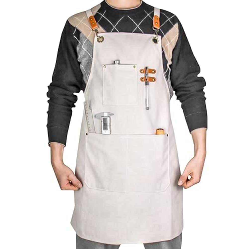 QWORK Cotton Canvas Work Apron with Adjustable Strap, Cross Back Work Shop Aprons for Men and Women
