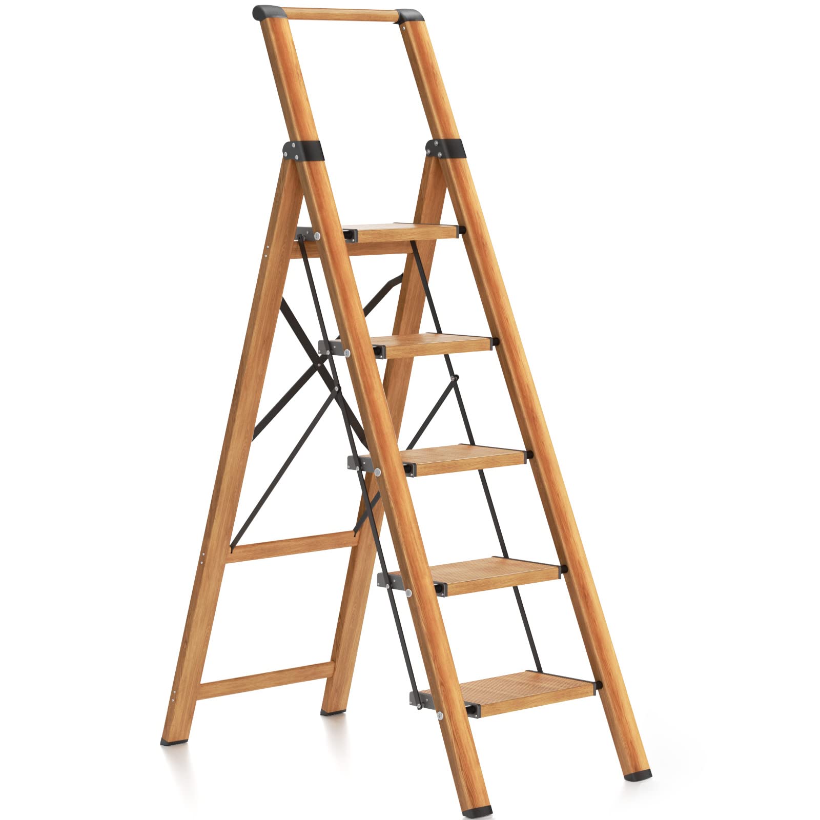 Ladnamy 5 Step Ladder, Aluminum Folding Step Stool W/Wide Pedal, Lightweight Safety Step ladder for Adults, Decorative Storage Shelf Lad