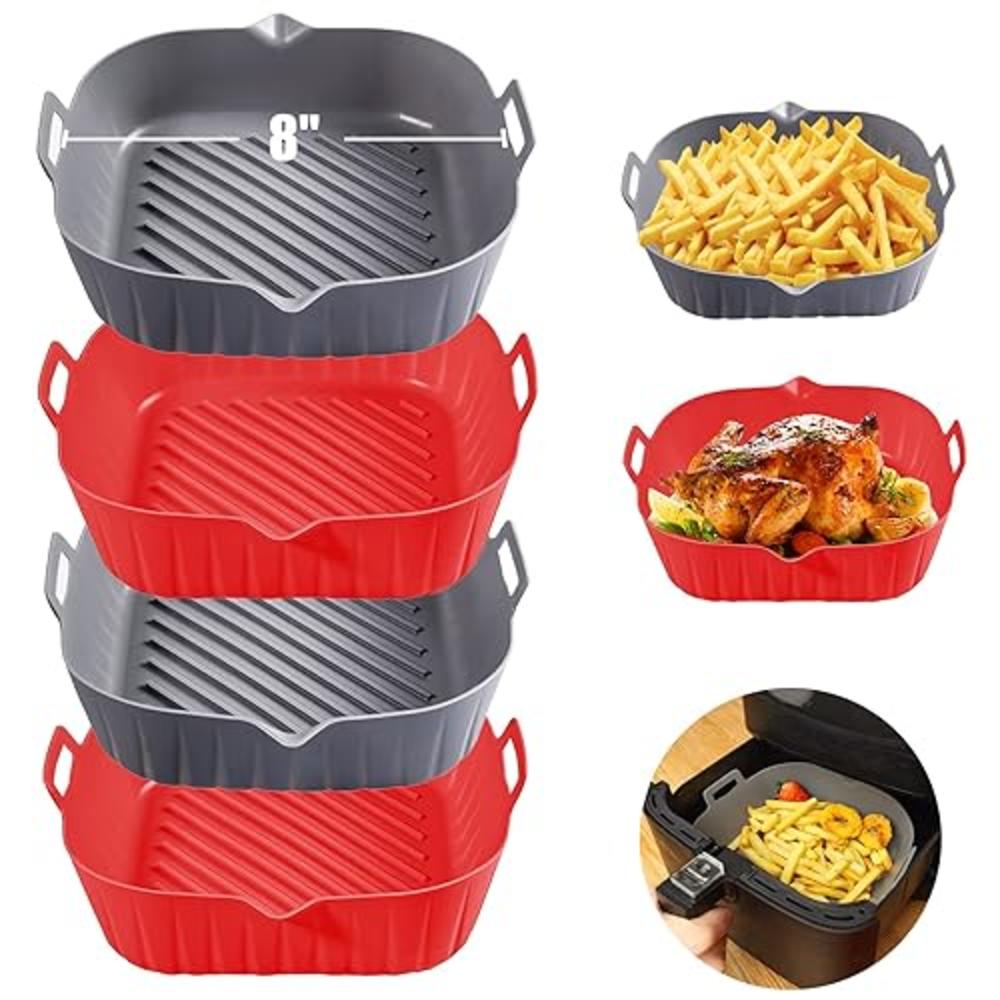 Golden Associate Silicone Liners Square 8 Inches for Air Fryer, 4 Pcs Non-stick Food-grade Reusable Silicone Pot Baking Tray