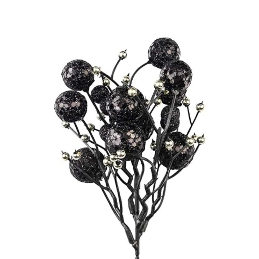 KI Store Black Christmas Berry Picks Stems Pack of 9 Artificial Glittered Berries Ornaments Decoration for Xmas Tree Halloween W