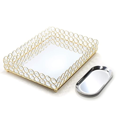 LINDLEMANN Decorative Tray - Metal Mirrored Ornate Crystal Vanity Tray - Elegant Design for Perfume Jewelry Makeup, Easter & Mot