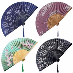 BABEYOND 4pcs Japanese Style Floral Folding Hand Fan Vintage Handheld Silk Folding Fan with Different Patterns Folding Fan for W