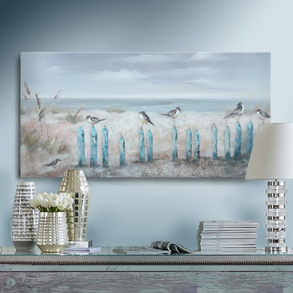 amatop Ocean Beach Wall Art 3D Framed Hand-Painted Seascape Oil Painting Perching Bird Canvas Artwork 'The Tranquility by The Sea Shore