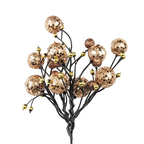 KI Store Champagne Christmas Berry Pick Stem Pack of 9 Artificial Glittered Berries Ornaments Floral Stems for Xmas Tree Wreath 