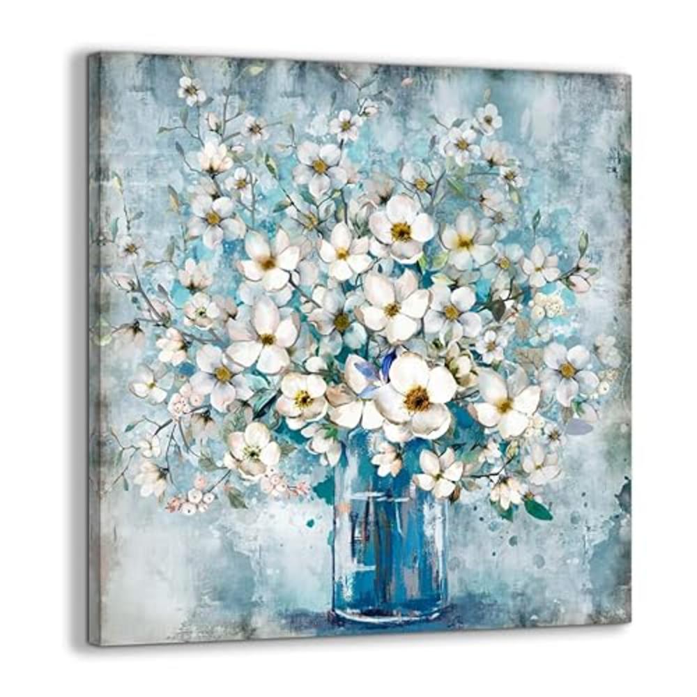 Wijotavic Bathroom Wall Decor - Blue Flower Picture Artwork for Walls - 14x14 Inches Blue and White Floral Wall Art for Office B