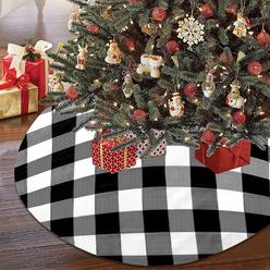 AHOOCUSTOM 36 Inch Black and White Buffalo Plaid Christmas Tree Skirt, Checkered Tree Skirt Mat with Tassel Decor for Xmas Holiday Rustic V