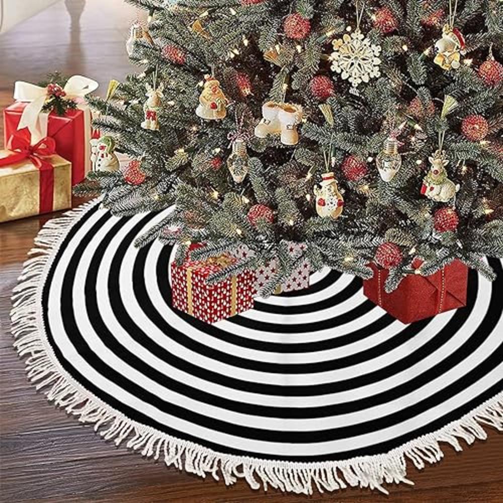 AHOOCUSTOM Black and White Christmas Tree Skirt, 36 Inch Tree Skirt Mat with Tassel, Rustic Vintage Christmas Decorations Orname