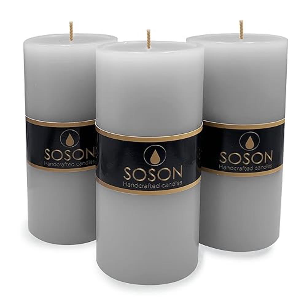 Simply Soson Premium 3x6 Inch Grey Pillar Candles Set of 3 - Unscented Candles - Large Candle for Candle Holders Velas Decorativ